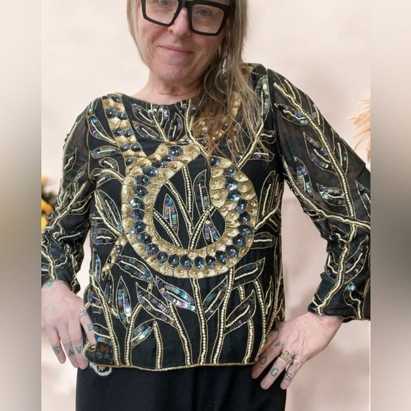 Chanson D'Amour Tops - RARE! Vintage glam sequin beaded snake in the grass silk pin up top -M